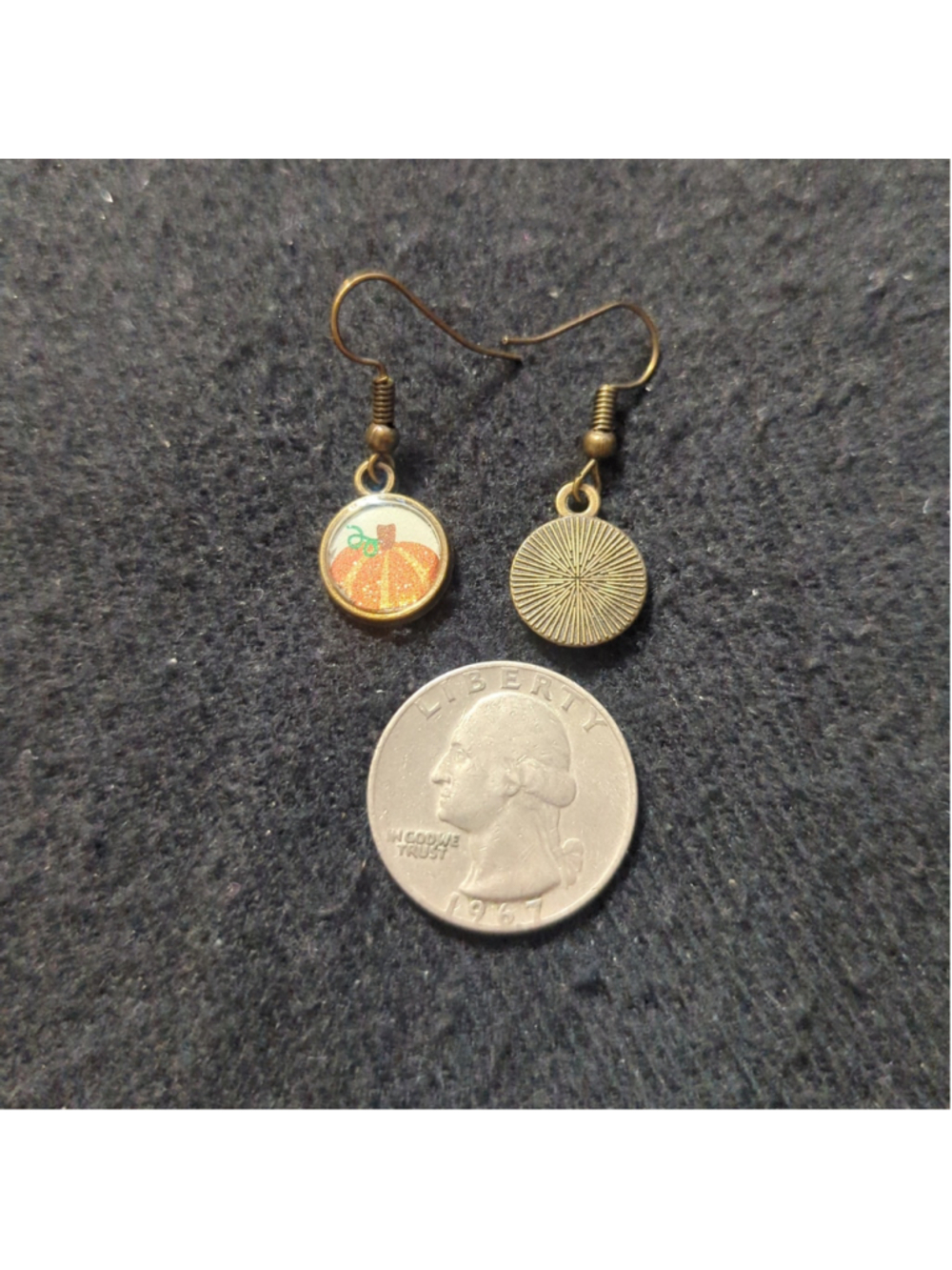 Bronze Tone White and Orange Glitter Pumpkin Dainty Drop Statement Earrings - Picture 3 of 3